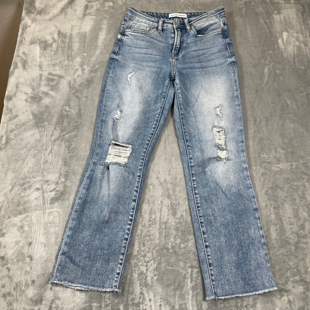 Flying Monkey Womens Jeans Size 24 Distressed High Rise Straight Leg Light Wash